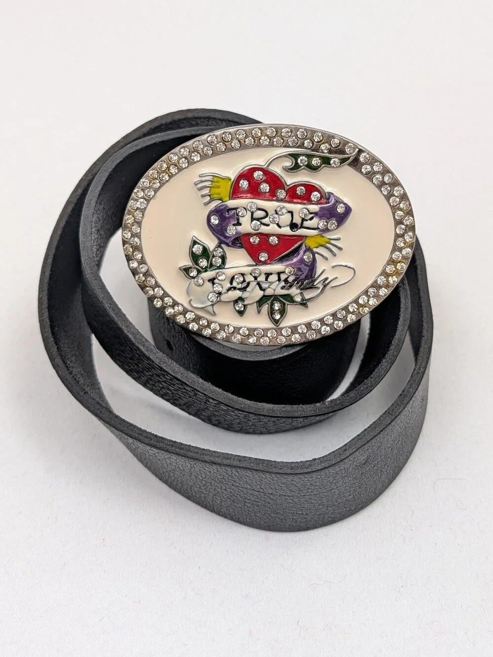 Ed Hardy Leather Belt True Love Enamel & Rhinestone Buckle Y2K Retro Rockabilly